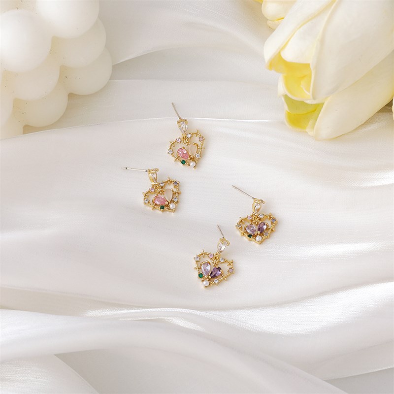 925银针镶边蕾丝爱心锆石耳钉闪亮可爱甜美彩色桃心锆石耳环耳饰