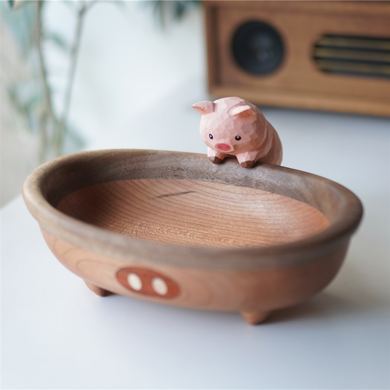 Joe猪猪牌浴h缸 木质桌面摆件创意可爱可收纳也可以放零食盘的礼