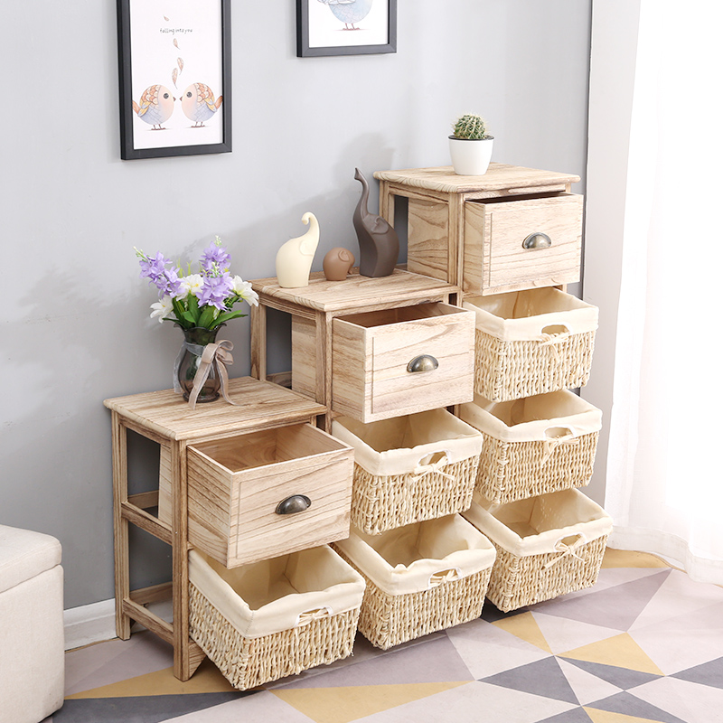 韩式简约床头柜h实木储物收纳小柜子35cm复古藤编田园卧室原木边