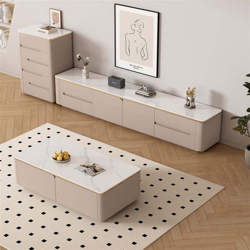 全实木岩板落地电视柜茶几组合现代简约小户型家T用客厅高级感轻