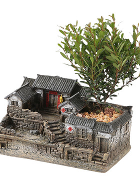 复古做旧房子桌面盆n栽树脂摆件创意客厅茶几装饰工艺品摆设送长