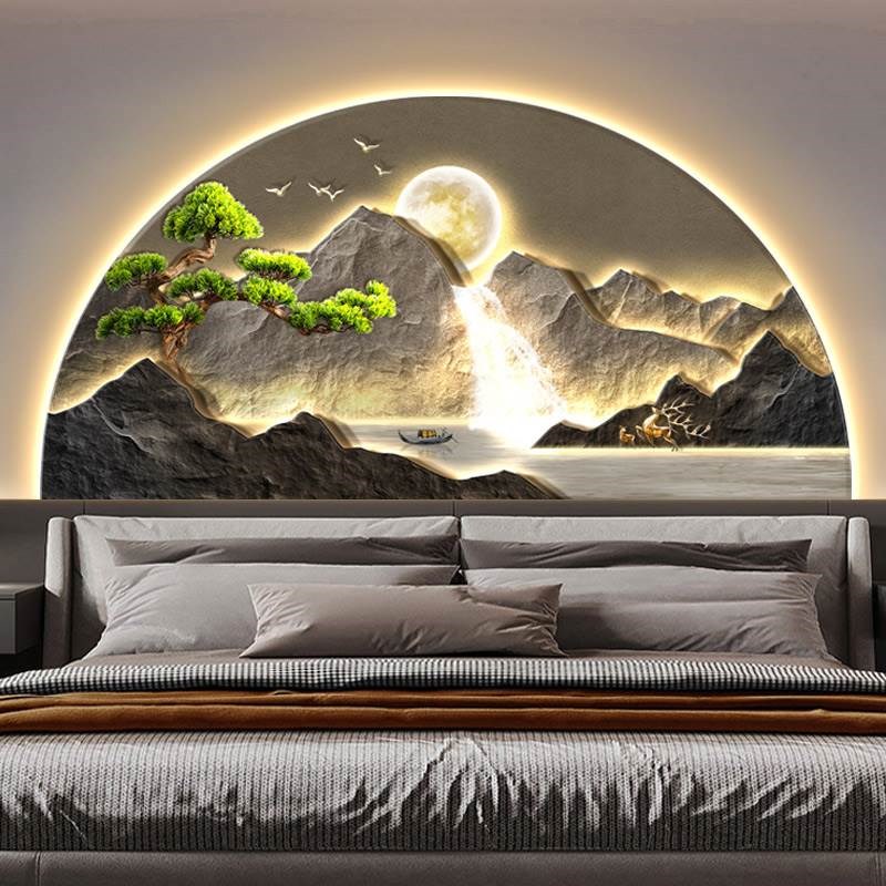 轻奢山水半圆背靠金山客厅沙发背景墙装饰画LPED灯光画卧室壁挂画