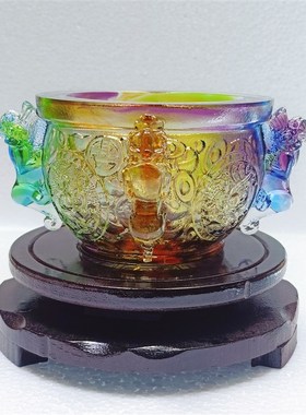 古法琉璃聚宝盆工艺品摆件水晶聚财位店H铺开业四方招财貔貅聚宝