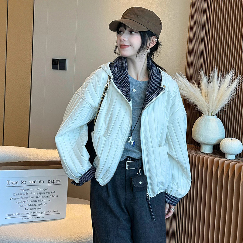韩版撞色夹棉压格外套女2026秋冬新款宽松加厚保暖棉服设计感棉衣