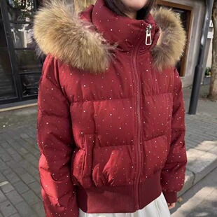 貉子毛领连帽羽绒服女2025新款烫钻宽松小个子白鸭绒加厚保暖外套