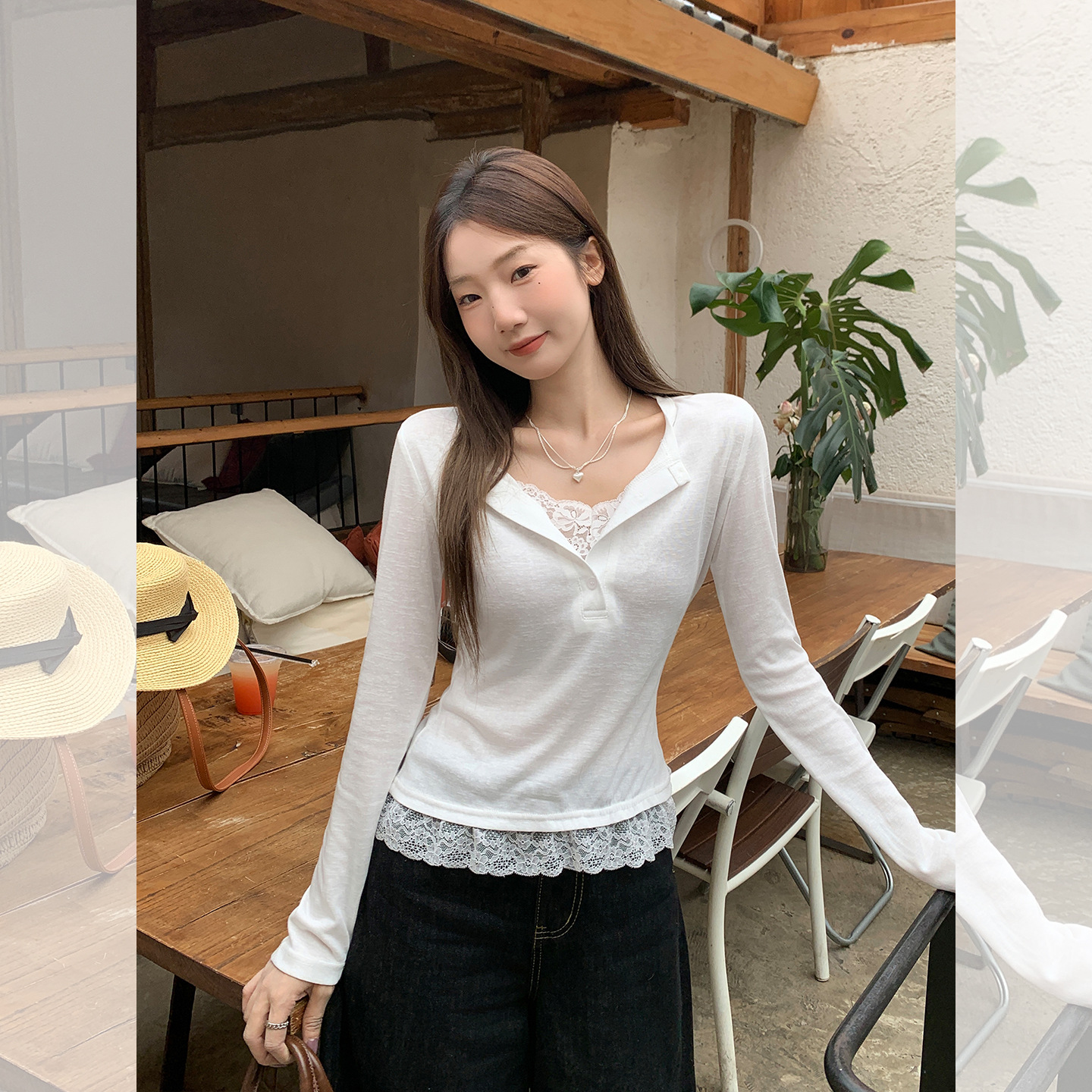 蕾丝拼接半开领打底衫女百搭洋气