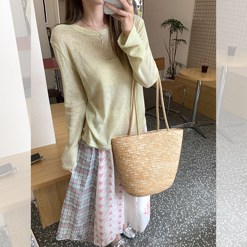 冰丝圆领休闲麻感薄款长袖T恤女