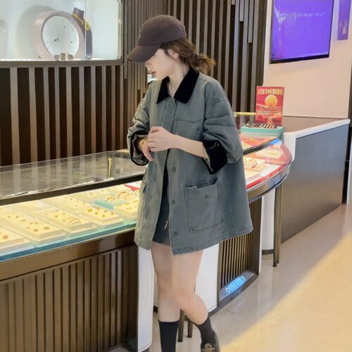 高级感撞色牛仔风衣外套女设计感