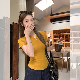 掐腰设计感显瘦上衣薄 美式 辣妹半开领正肩短袖 T恤女修身 2025新款