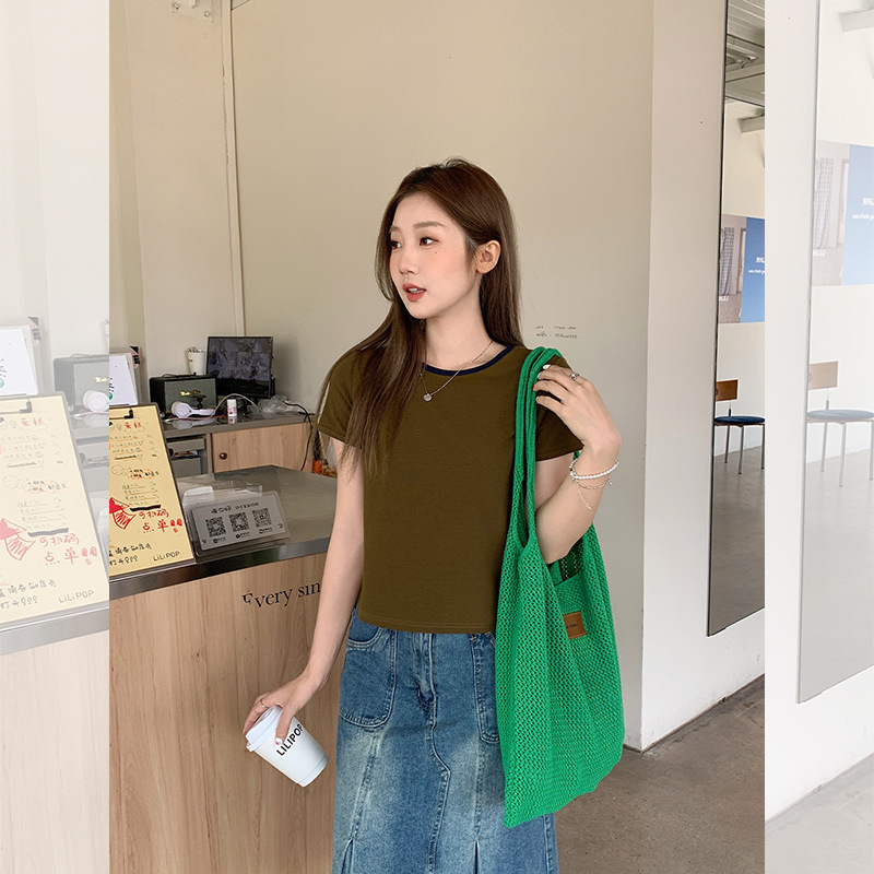 韩系圆领拼色正肩短袖t恤女内搭