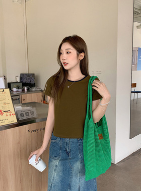 韩系圆领拼色正肩短袖t恤女内搭2025新款宽松显瘦设计感洋气上衣