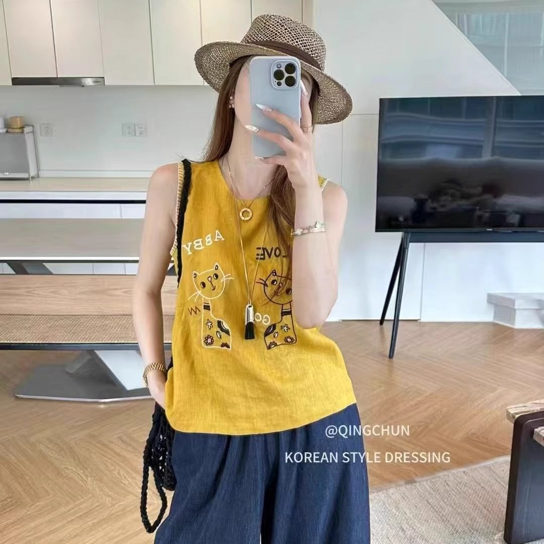 亚麻圆领卡通刺绣吊带背心女洋气