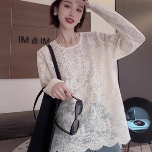 上衣薄 宽松镂空韩系宽松罩衫 蕾丝圆领刺绣防晒长袖 t恤女2025新款