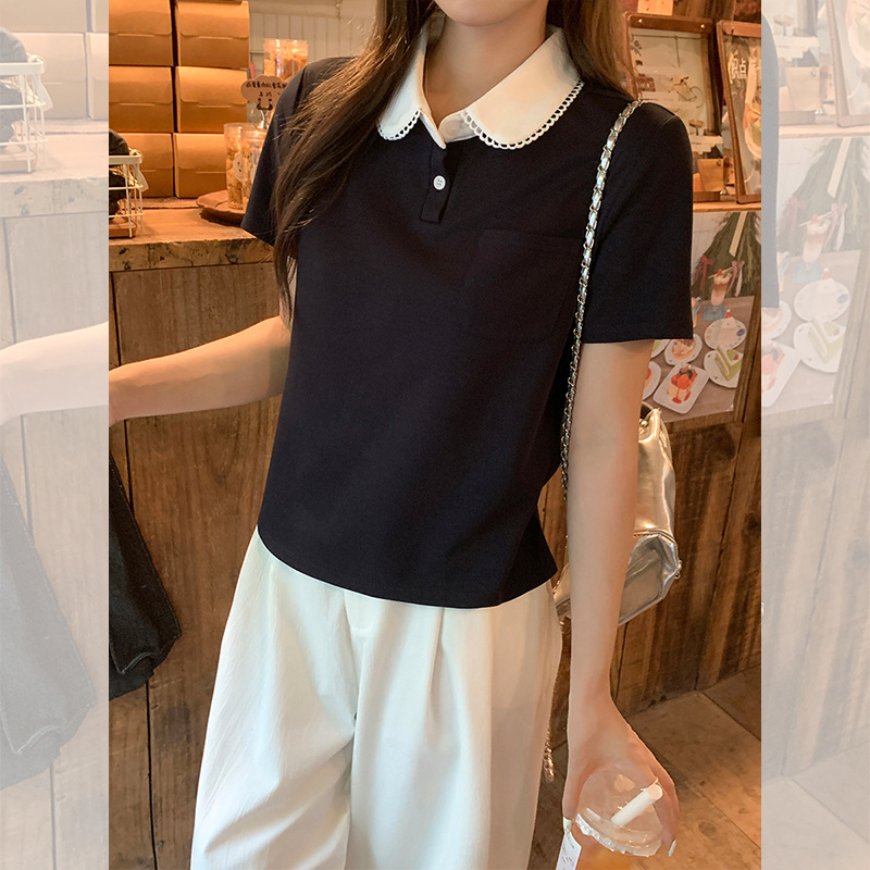 学院风翻领假两件短袖T恤女正肩