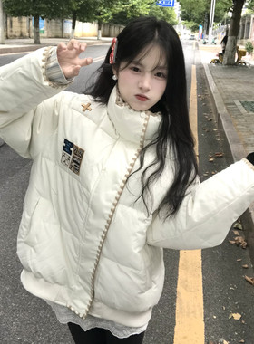 美式撞色保暖棉服外套女保暖宽松
