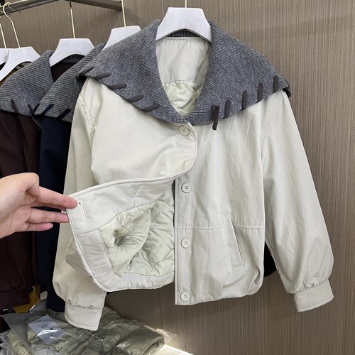 韩系时尚翻领拼接棉服外套女洋气