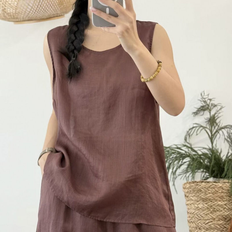 亚麻圆领无袖防走光吊带背心女薄
