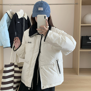 贝壳绣羊羔毛翻领羽绒服女短款2025年冬季新款韩系小个子加厚外套