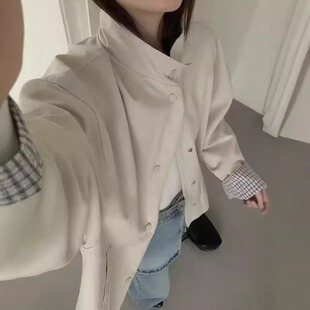 韩版设计感格子拼接风衣外套女2026新款小个子宽松休闲中长款大衣