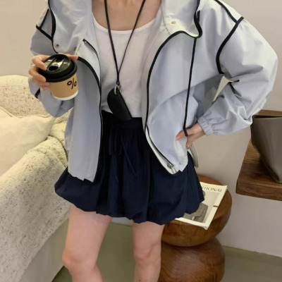 高级感休闲拼色连帽短款外套女薄