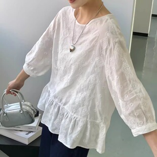 T恤女宽松设计感胖mm显瘦气质五分袖 纯棉圆领镂空刺绣短袖 上衣薄