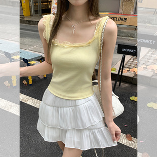 无袖 莫代尔方领蕾丝花边吊带背心女内搭2025新款 防走光宽肩带上衣