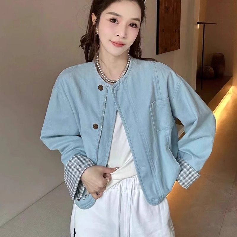 韩系纯棉圆领短款牛仔外套女早秋薄款外搭宽松显瘦格子设计感夹克,女装/女士精品,短外套,淘宝优惠券,粉丝福利购,淘宝优惠卷