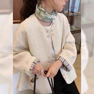 小香风短款外套女2025春新款高级感洋气拼接袖口时尚圆领显瘦上衣