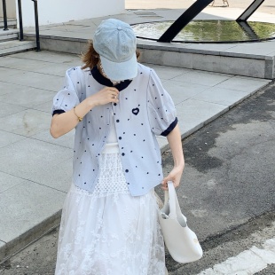 防晒开衫 撞色洋气印花短袖 泡泡袖 夏宽松设计感薄款 T恤女2025新款