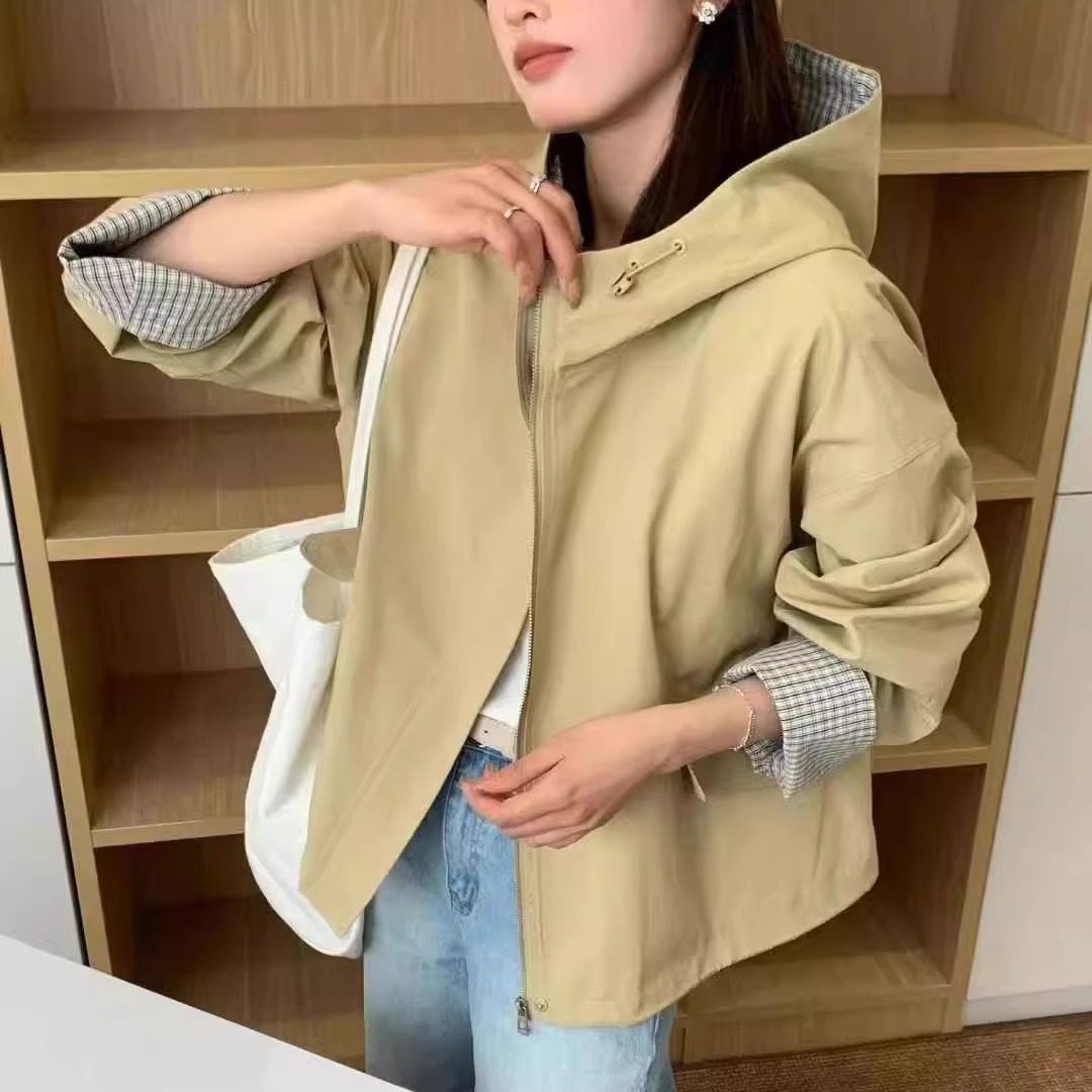 时尚连帽格纹拼接短款外套女秋冬外穿休闲设计感宽松拉链夹克上衣,女装/女士精品,短外套,淘宝优惠券,粉丝福利购,淘宝优惠卷