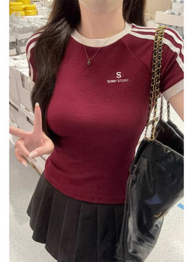 三道杠圆领正肩短袖T恤女内搭薄