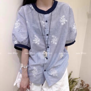 纯棉圆领泡泡袖 上衣 T恤女夏外穿宽松刺绣拼色设计感短袖 2025新款