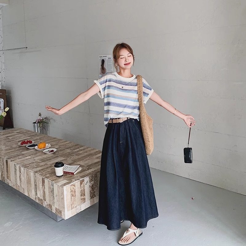 撞色针织条纹短袖T恤女高腰洋气半身裙时尚两件套夏外穿薄款套装,女装/女士精品,时尚套装,淘宝优惠券,粉丝福利购,淘宝优惠卷