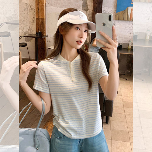 蓝色条纹高级感正肩短袖T恤女薄