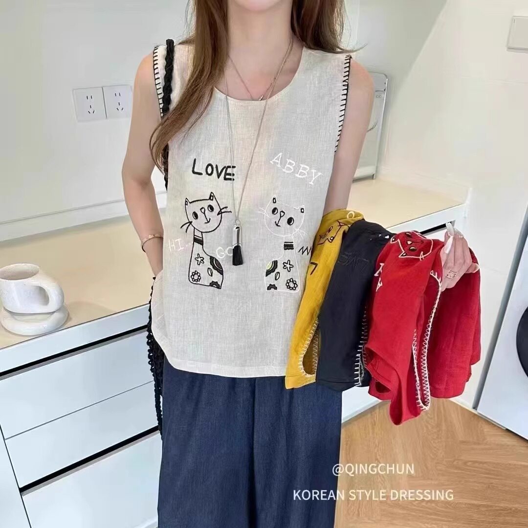 亚麻刺绣设计感吊带背心女夏内搭圆领时尚无袖防走光小众马甲上衣