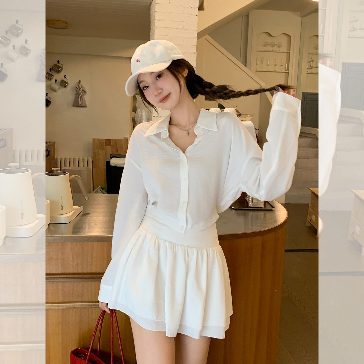 白色polo领纽扣针织长袖衬衫女潮