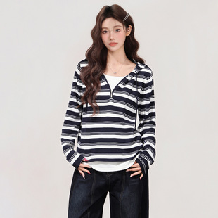 条纹撞色羊毛假两件连帽针织衫女秋冬新款宽松设计感加厚长袖上衣