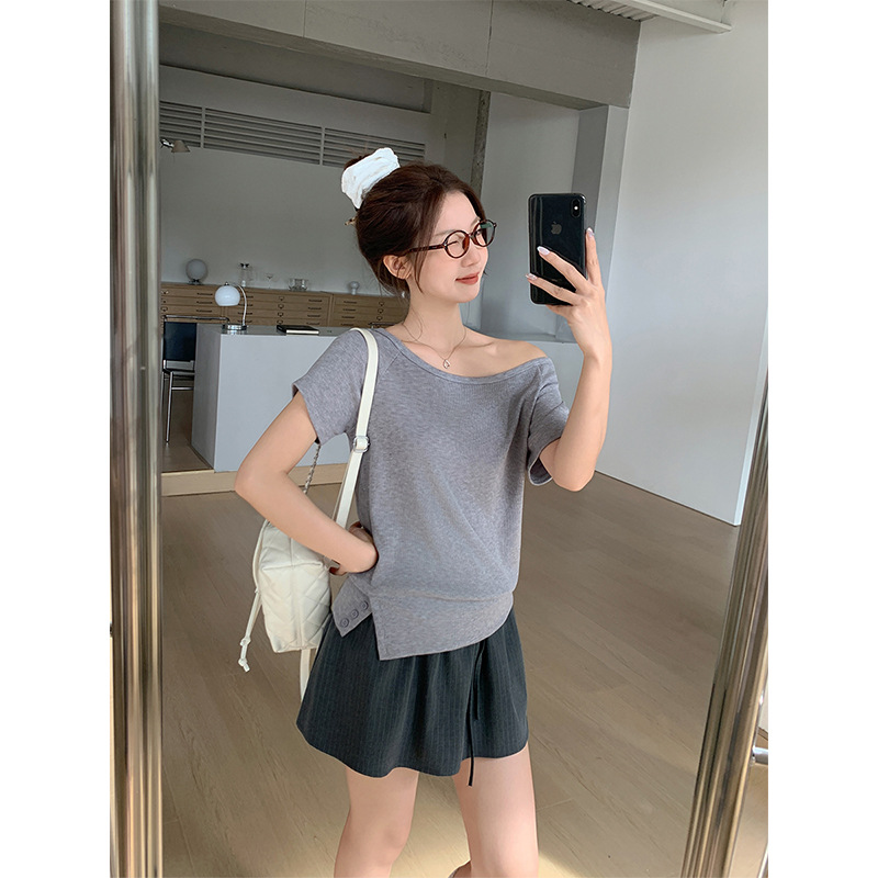 韩版斜肩一字肩两穿短袖t恤女薄