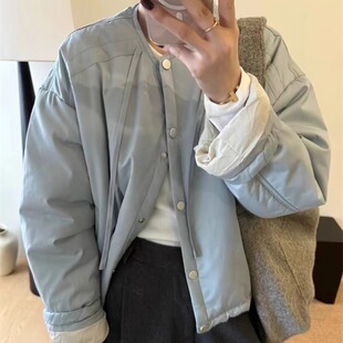 韩版撞色夹棉单排扣外套女2026秋冬新款宽松小个子休闲保暖棉服潮
