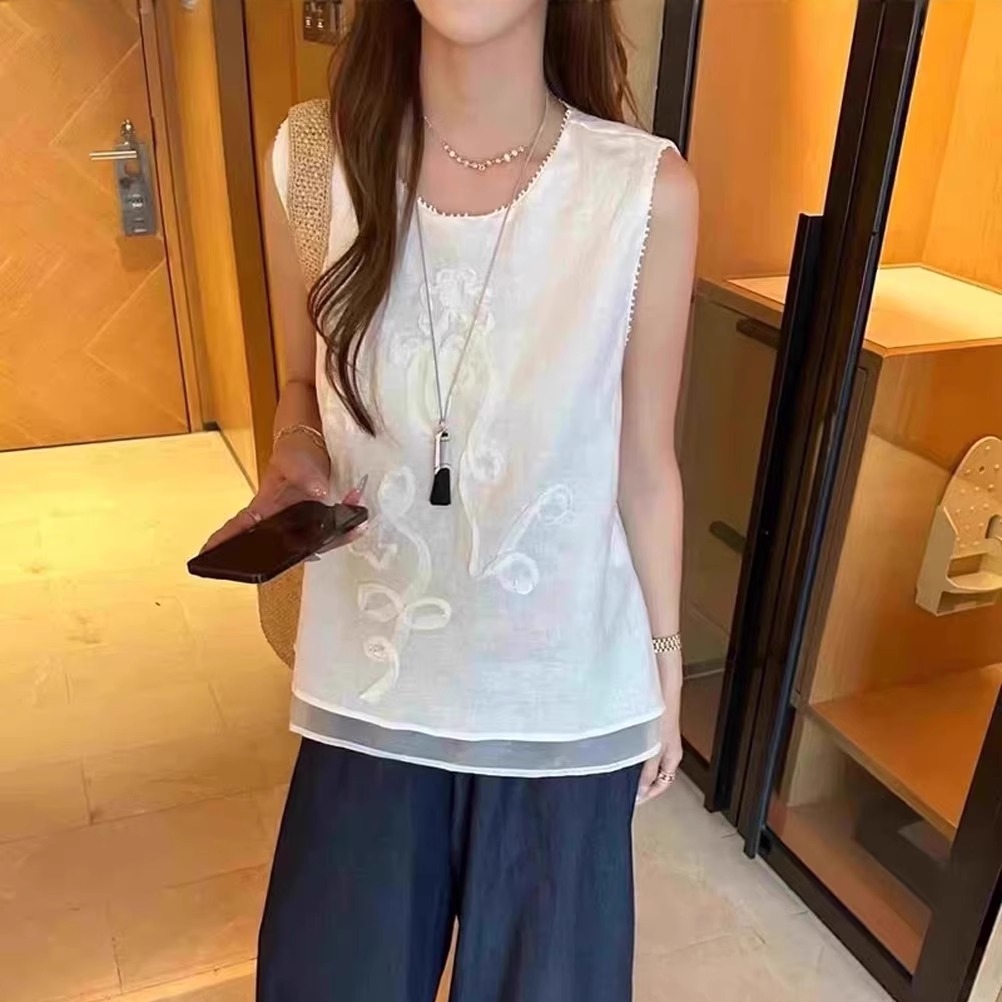 亚麻刺绣镂空吊带背心女夏内搭薄