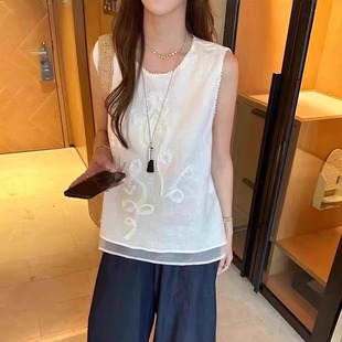 无袖 亚麻刺绣镂空吊带背心女夏内搭设计感假两件新中式 防走光上衣