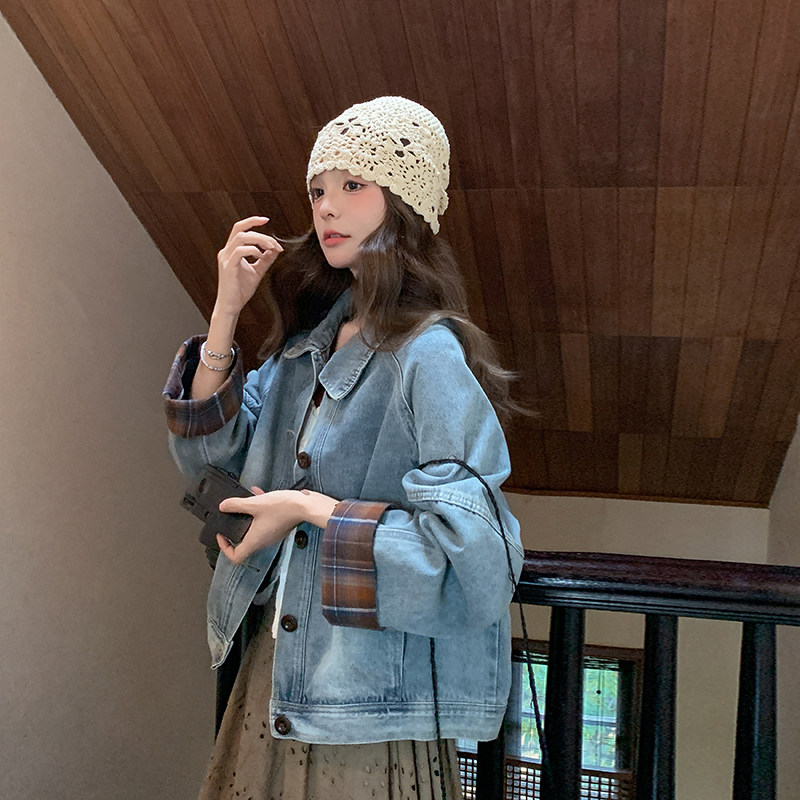 格子拼接翻领牛仔外套女春秋薄款流行超火小个子短款上衣2025新款,女装/女士精品,短外套,淘宝优惠券,粉丝福利购,淘宝优惠卷