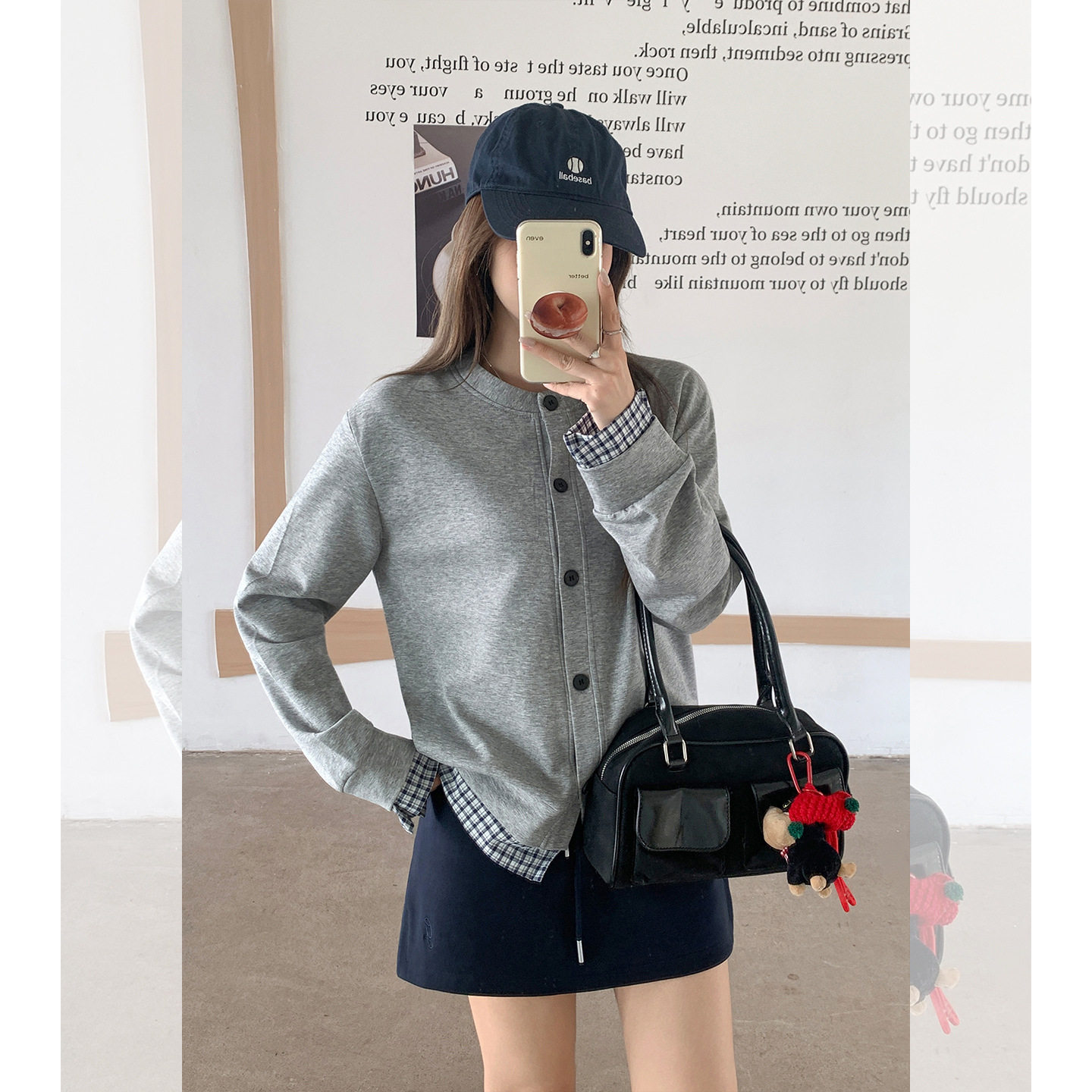 韩系假两件格子拼接棒球服外套女