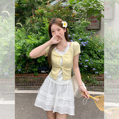 韩系蕾丝假两件设计感短袖T恤女