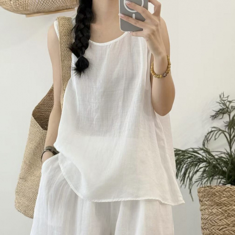 亚麻圆领吊带背心女阔腿裤两件套