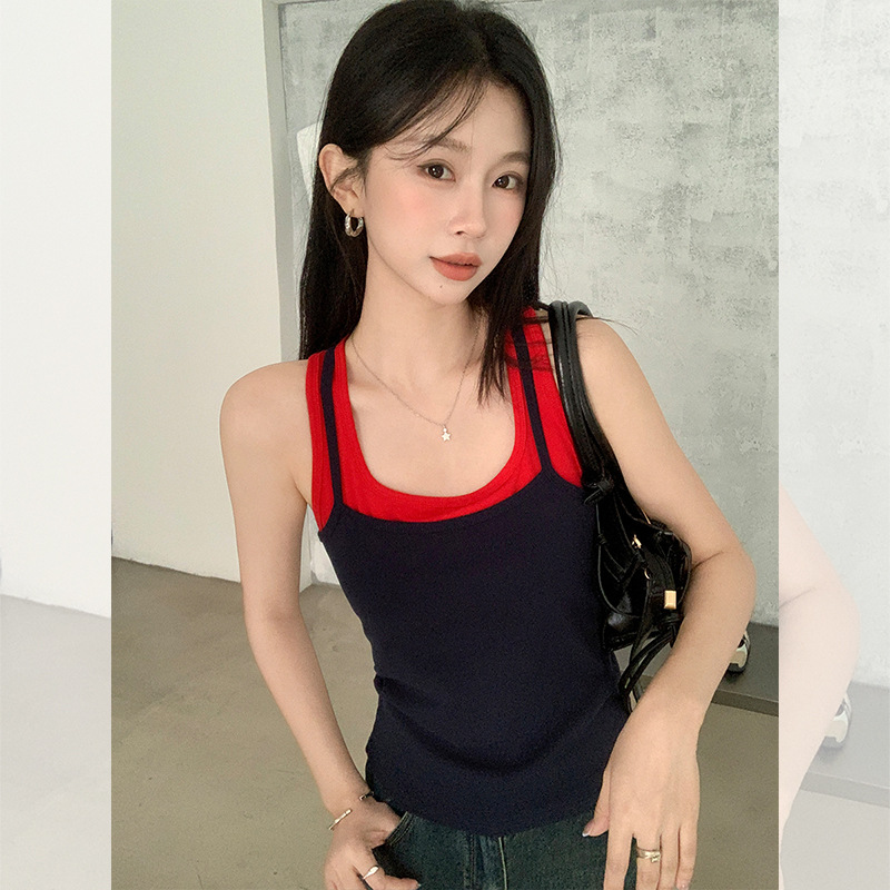 撞色假两件吊带背心女内搭设计感