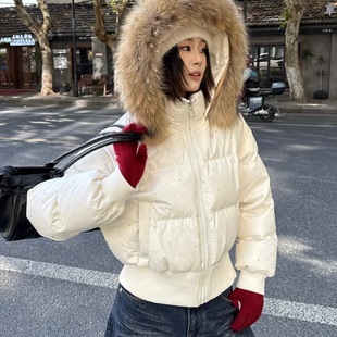 貉子大毛领连帽羽绒服女2025新款 烫钻宽松小个子白鸭绒保暖外套潮