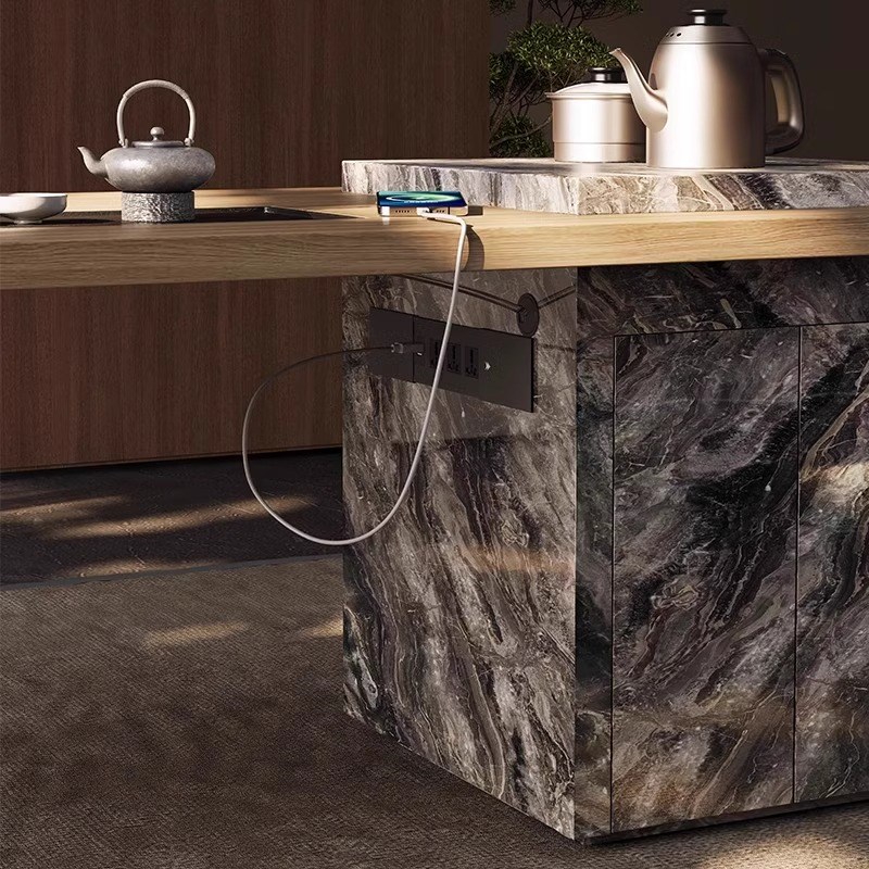 轻奢现代简约木纹岩板茶桌意识极简家用阳台设计师U别墅客厅泡茶