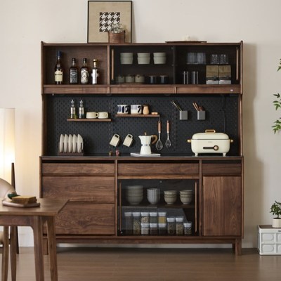 实木岩板餐边柜靠墙一体黑胡桃木餐厅高酒柜水吧台收纳储物橱柜