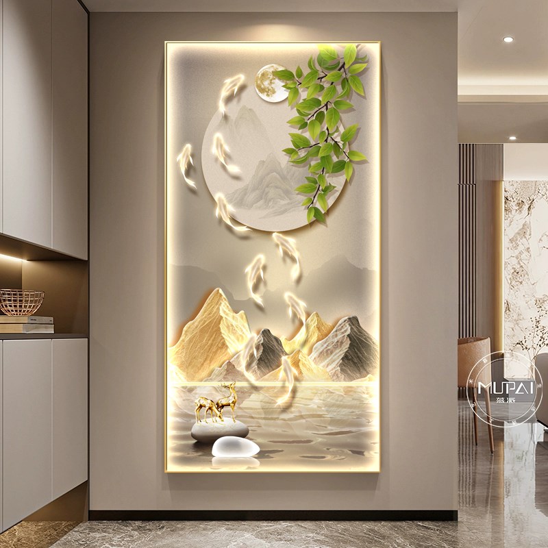 LED灯九d鱼图入户正对门玄关装饰画家和走廊过道挂画高端山水壁画
